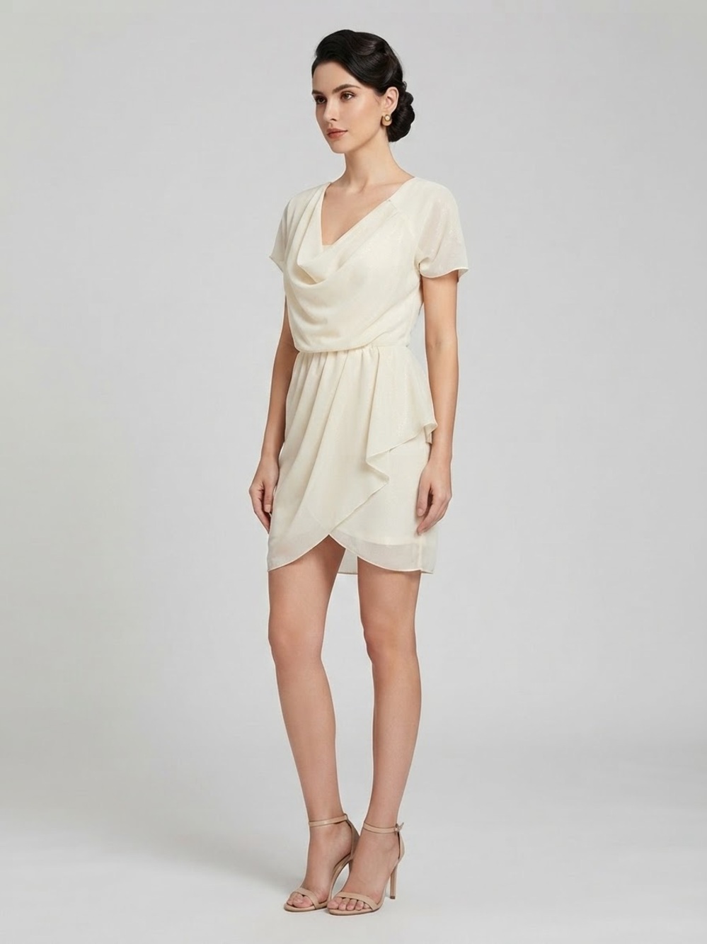 NWT LadyQueen Cream Ivory Cowl Neck Draped Cocktail Mini Dress Size S